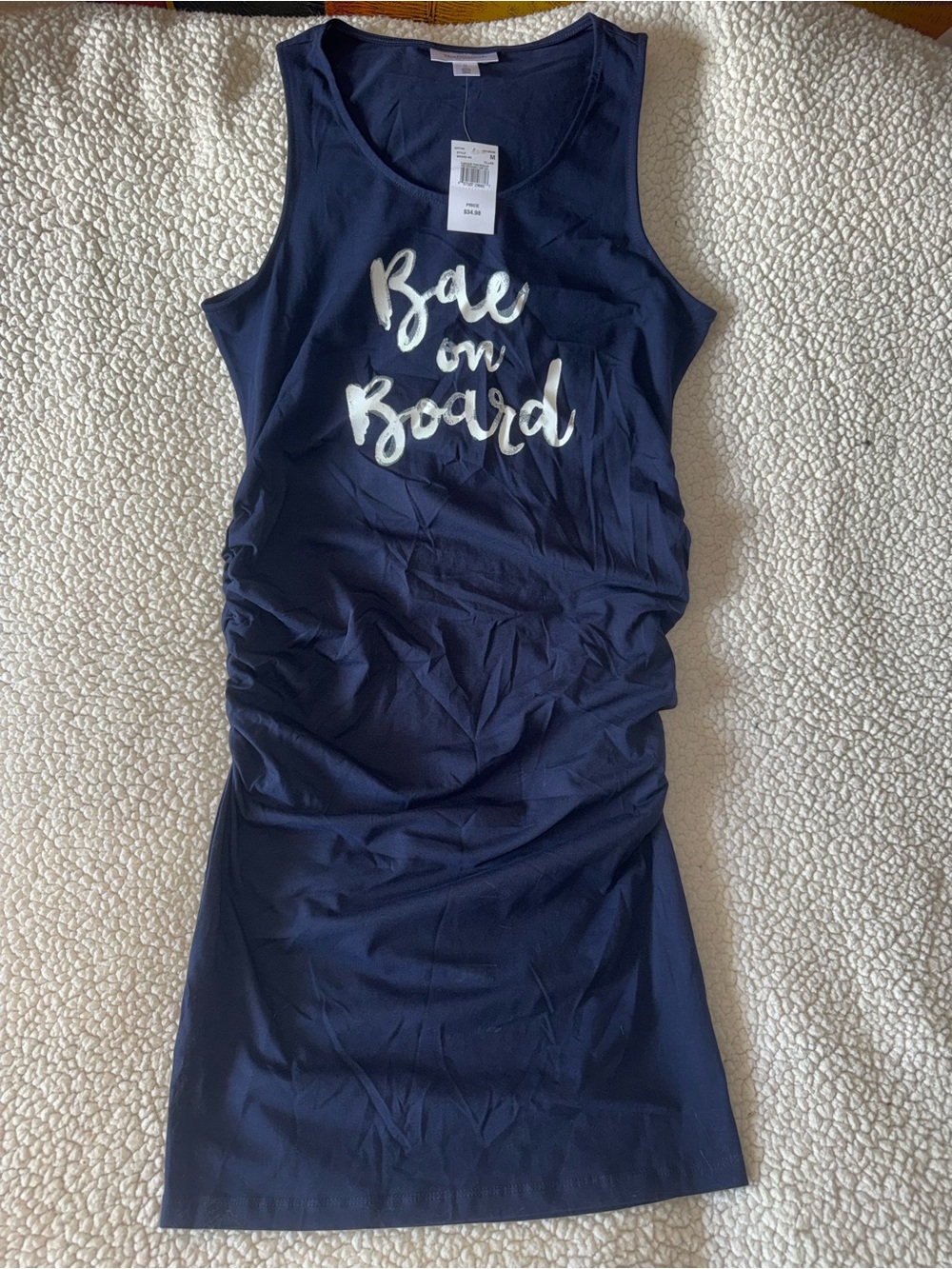 Motherhood navy tank tee with white "Bae on Board" script